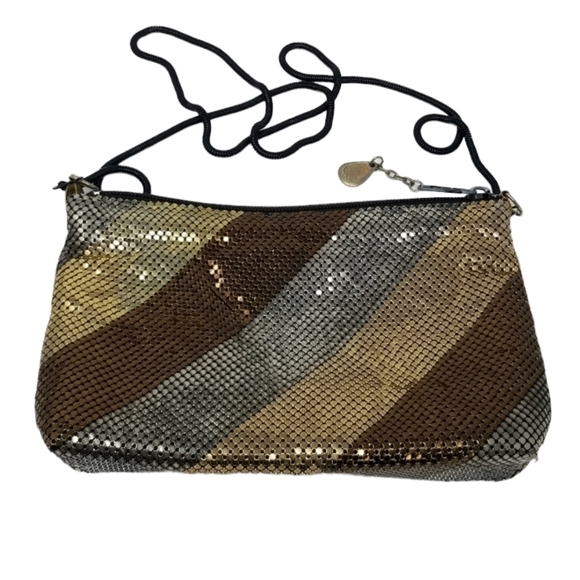 Delill Metal Mesh Crossbody Bag Vintage 80s Color block Stripes Silver Bronze - Picture 1 of 10